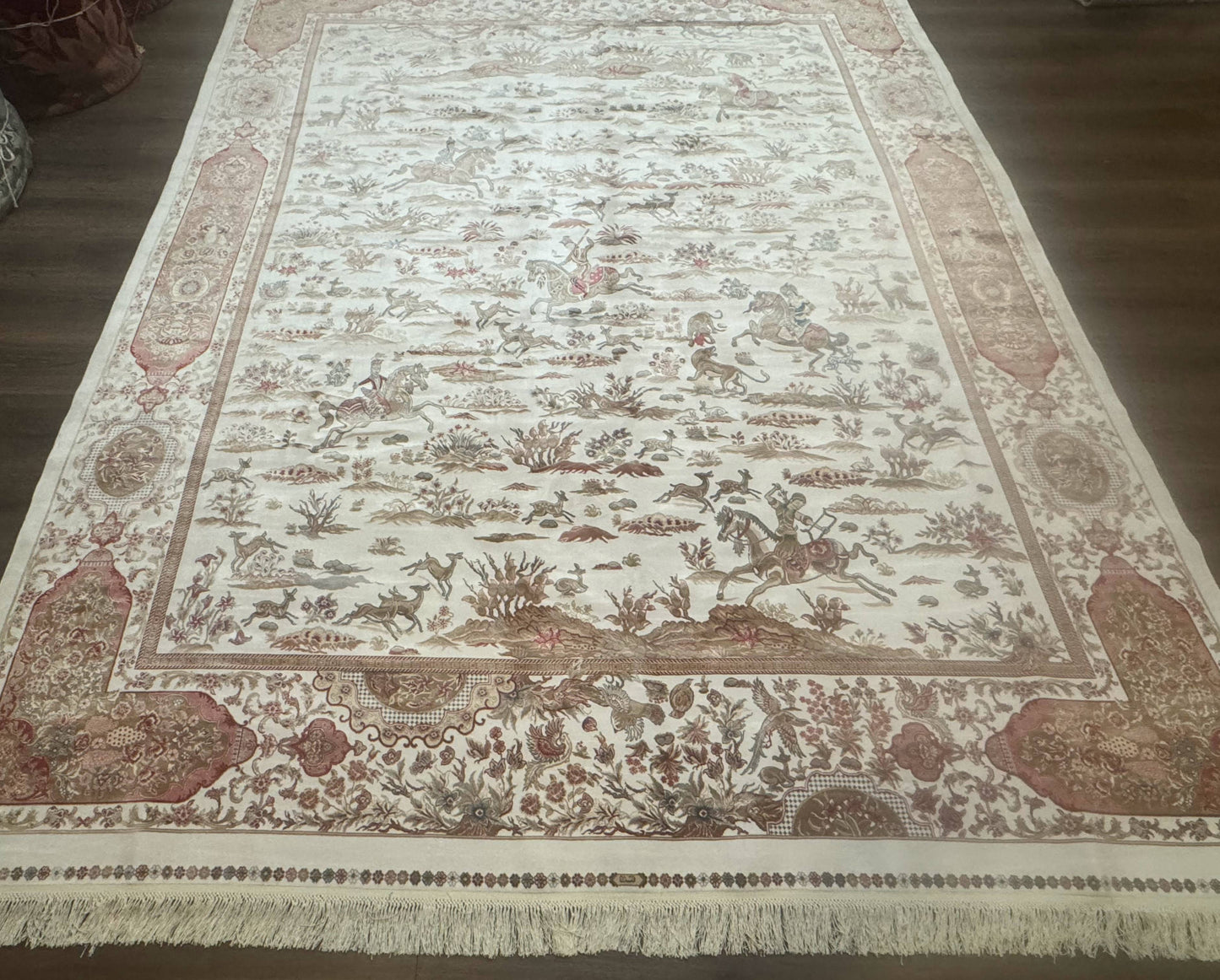 Large Turkish Silk Rug 8x10, Ivory, Hunting Design, Bamboo Silk, New