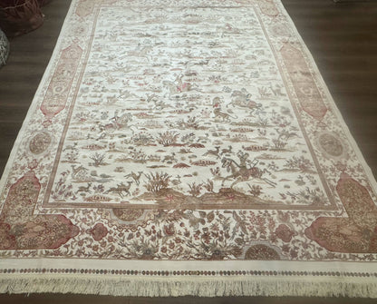 Large Turkish Silk Rug 8x10, Ivory, Hunting Design, Bamboo Silk, New
