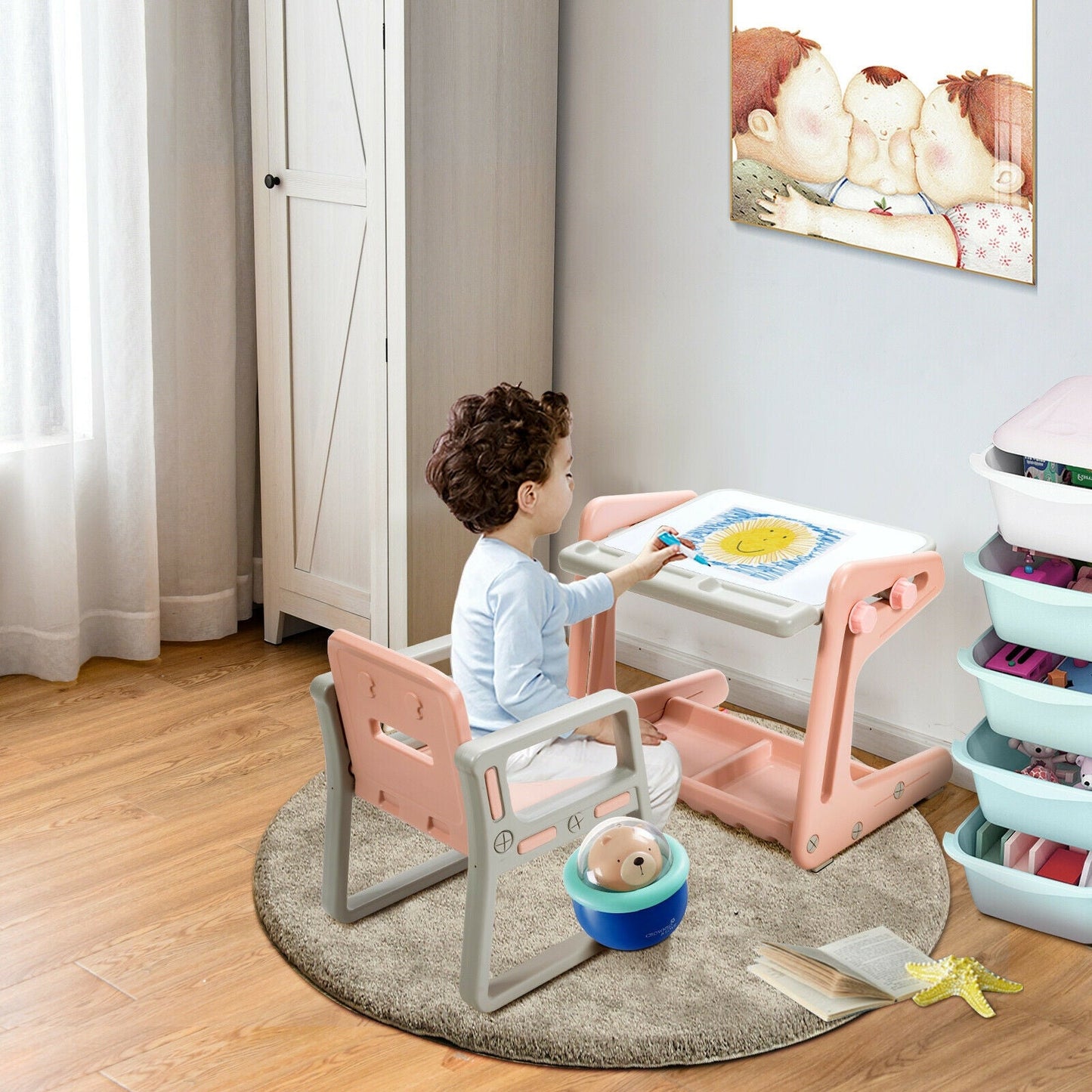 2 in 1 Kids Easel Table and Chair Set with Adjustable Art Painting Board