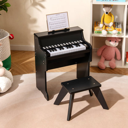 25 Keys Kids Piano Keyboard with Stool Mini Digital Piano Wooden Toy with Adjustable Speed and Volume