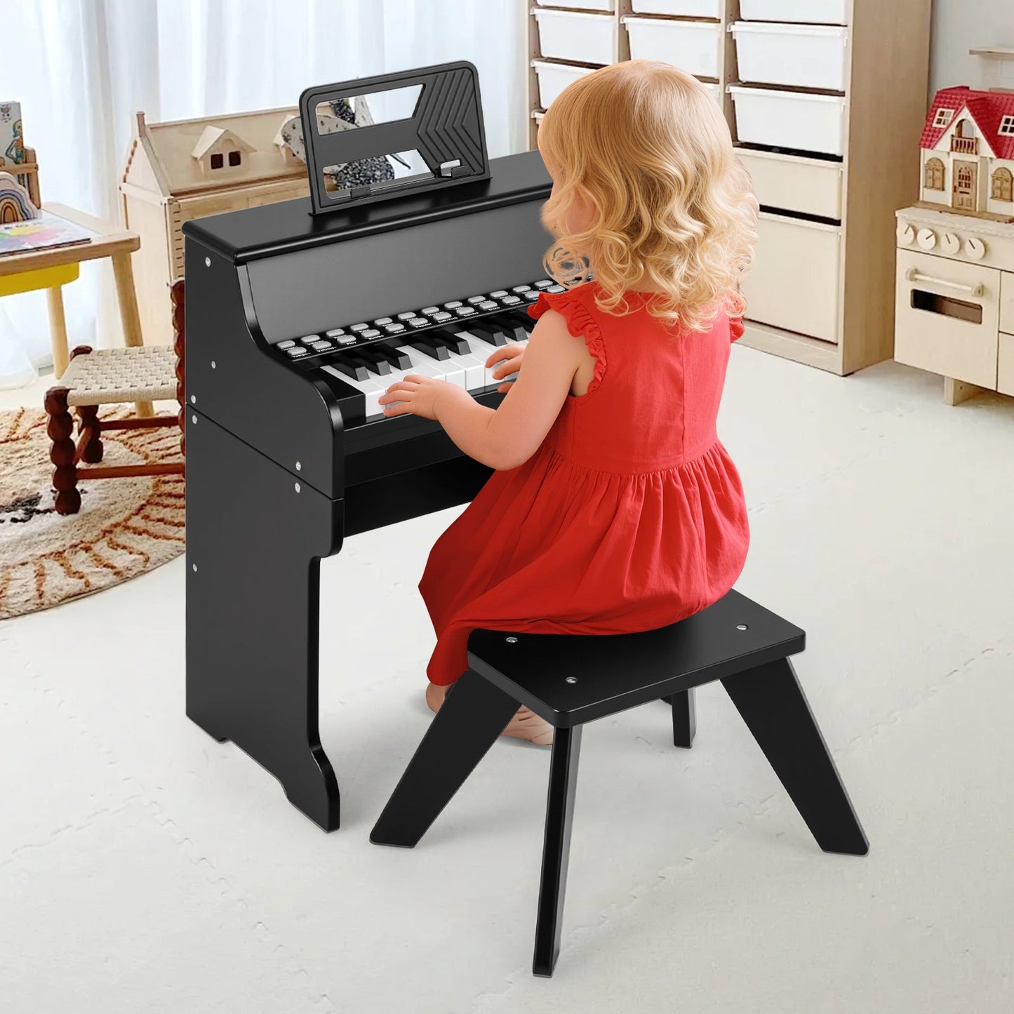 25 Keys Kids Piano Keyboard with Stool Mini Digital Piano Wooden Toy with Adjustable Speed and Volume