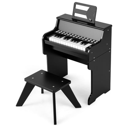 25 Keys Kids Piano Keyboard with Stool Mini Digital Piano Wooden Toy with Adjustable Speed and Volume