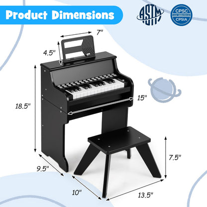 25 Keys Kids Piano Keyboard with Stool Mini Digital Piano Wooden Toy with Adjustable Speed and Volume