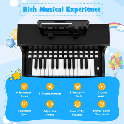 25 Keys Kids Piano Keyboard with Stool Mini Digital Piano Wooden Toy with Adjustable Speed and Volume