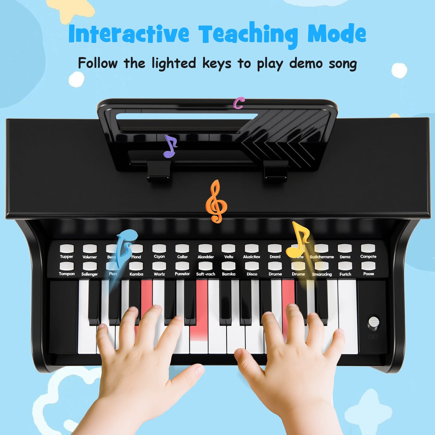25 Keys Kids Piano Keyboard with Stool Mini Digital Piano Wooden Toy with Adjustable Speed and Volume