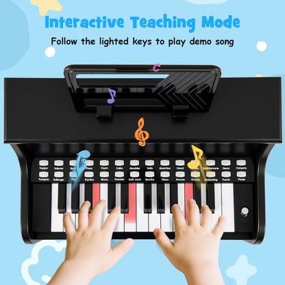 25 Keys Kids Piano Keyboard with Stool Mini Digital Piano Wooden Toy with Adjustable Speed and Volume