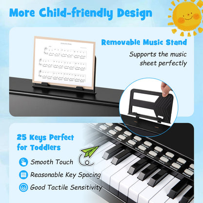 25 Keys Kids Piano Keyboard with Stool Mini Digital Piano Wooden Toy with Adjustable Speed and Volume