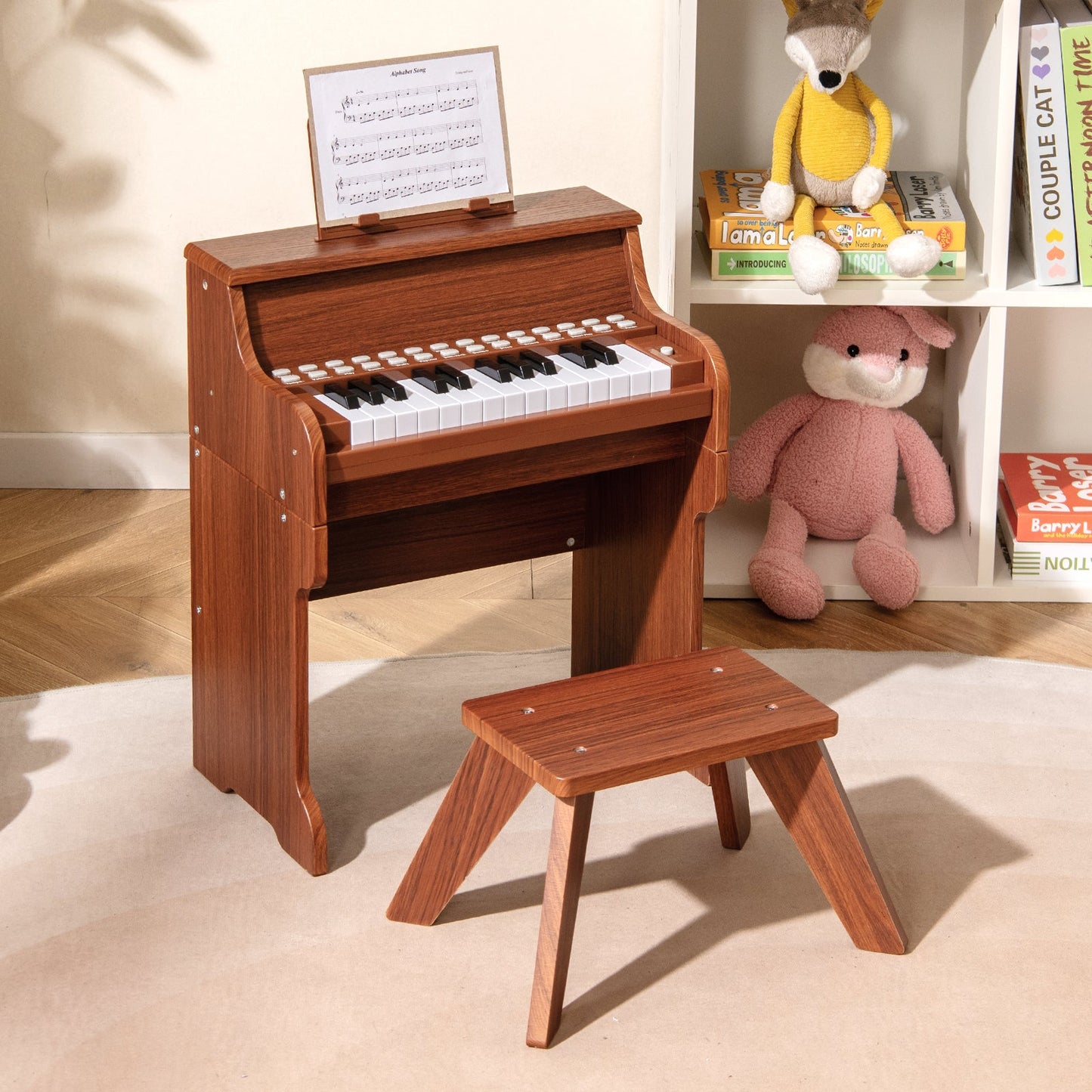 25 Keys Kids Piano Keyboard with Stool Mini Digital Piano Wooden Toy with Adjustable Speed and Volume