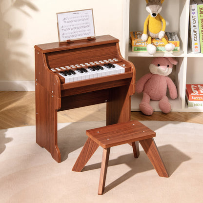 25 Keys Kids Piano Keyboard with Stool Mini Digital Piano Wooden Toy with Adjustable Speed and Volume