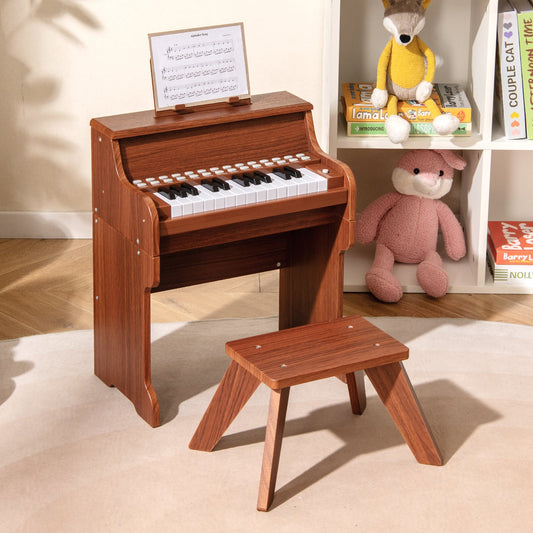 25 Keys Kids Piano Keyboard with Stool Mini Digital Piano Wooden Toy with Adjustable Speed and Volume