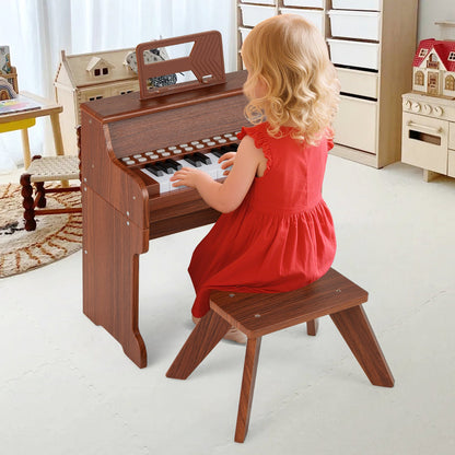 25 Keys Kids Piano Keyboard with Stool Mini Digital Piano Wooden Toy with Adjustable Speed and Volume