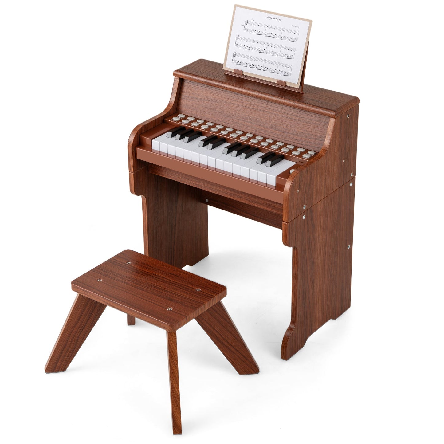 25 Keys Kids Piano Keyboard with Stool Mini Digital Piano Wooden Toy with Adjustable Speed and Volume