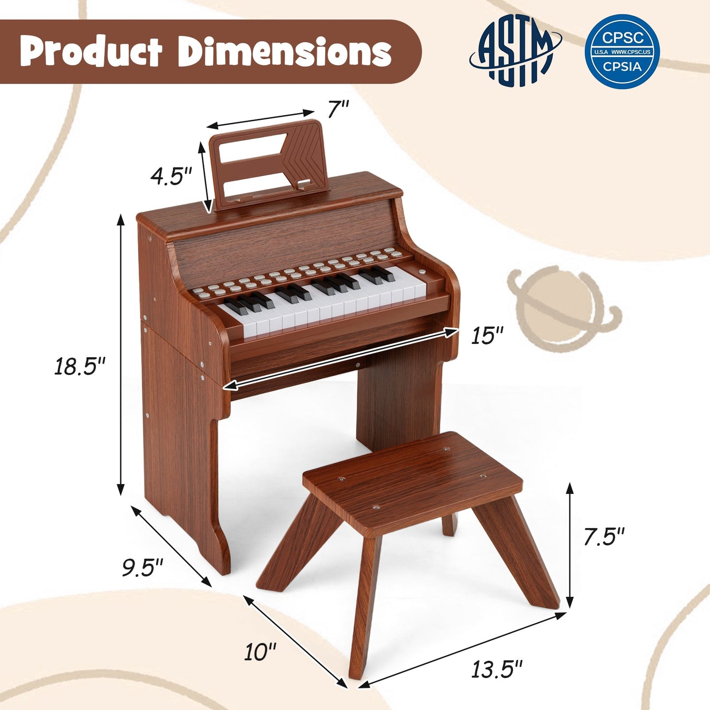 25 Keys Kids Piano Keyboard with Stool Mini Digital Piano Wooden Toy with Adjustable Speed and Volume