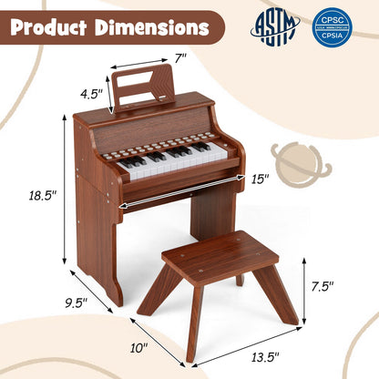 25 Keys Kids Piano Keyboard with Stool Mini Digital Piano Wooden Toy with Adjustable Speed and Volume