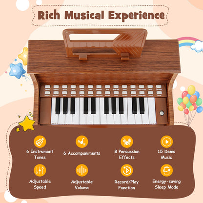 25 Keys Kids Piano Keyboard with Stool Mini Digital Piano Wooden Toy with Adjustable Speed and Volume