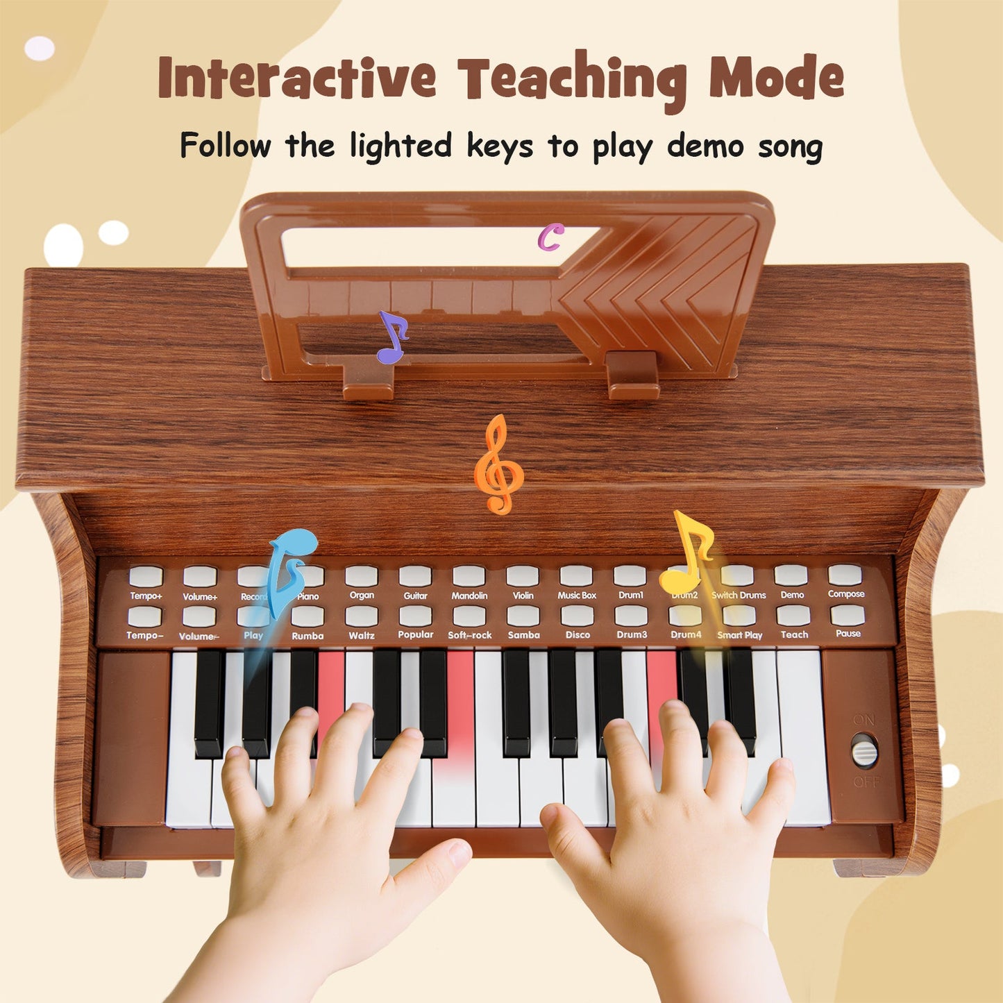 25 Keys Kids Piano Keyboard with Stool Mini Digital Piano Wooden Toy with Adjustable Speed and Volume