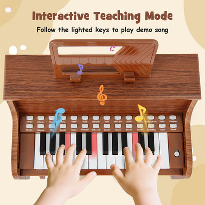 25 Keys Kids Piano Keyboard with Stool Mini Digital Piano Wooden Toy with Adjustable Speed and Volume