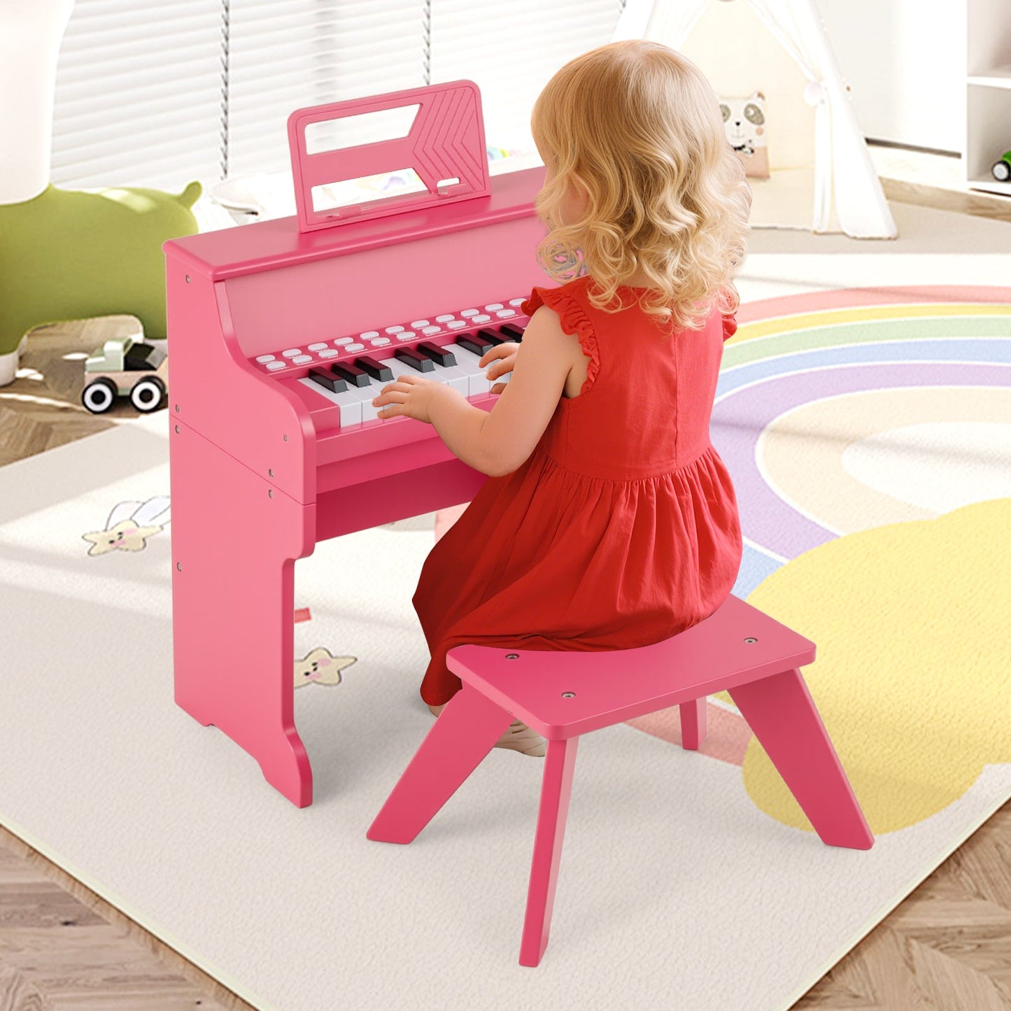 25 Keys Kids Piano Keyboard with Stool Mini Digital Piano Wooden Toy with Adjustable Speed and Volume
