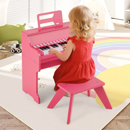 25 Keys Kids Piano Keyboard with Stool Mini Digital Piano Wooden Toy with Adjustable Speed and Volume
