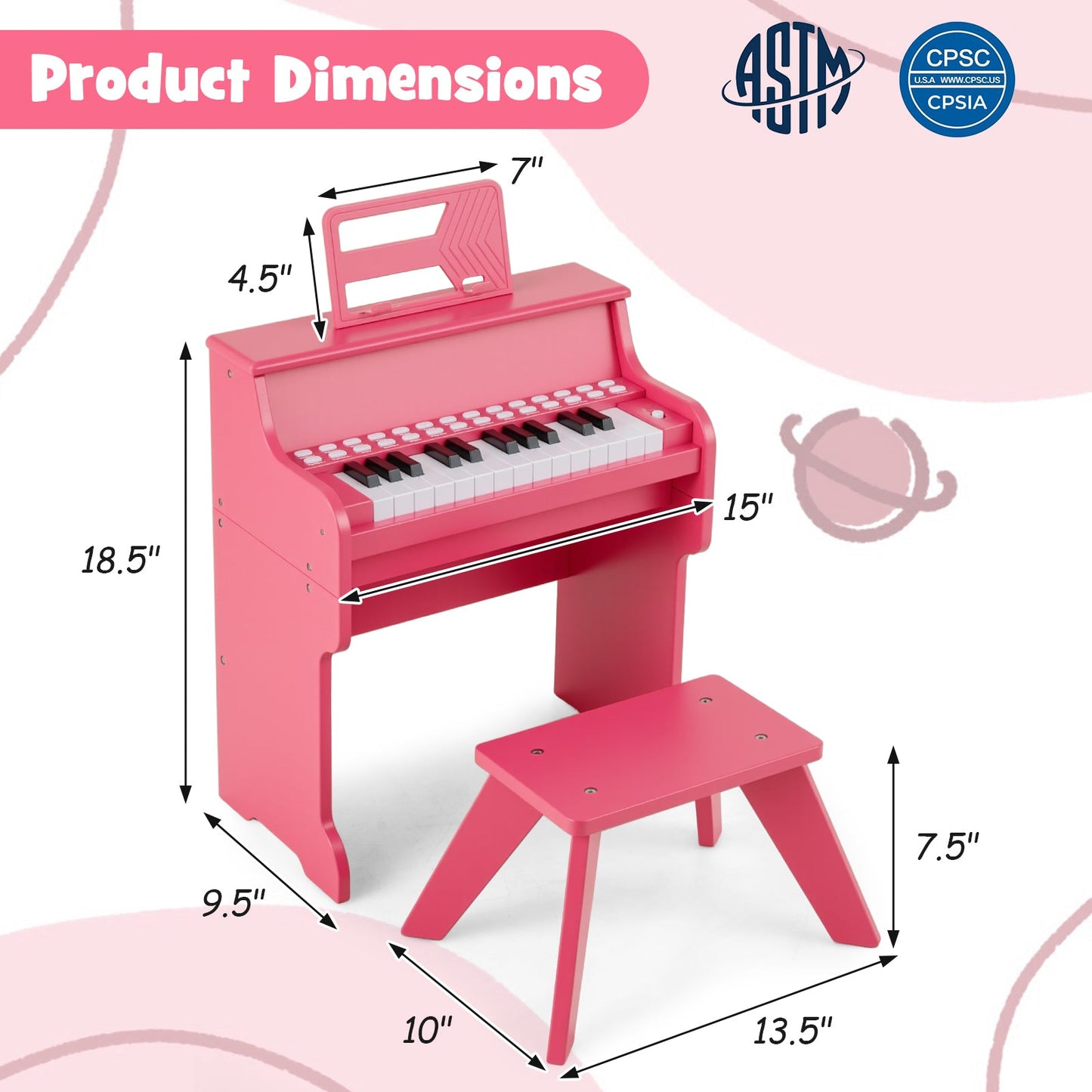 25 Keys Kids Piano Keyboard with Stool Mini Digital Piano Wooden Toy with Adjustable Speed and Volume
