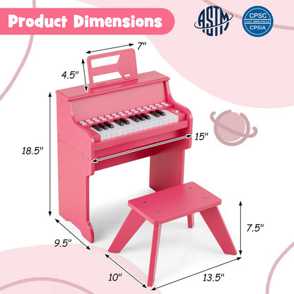 25 Keys Kids Piano Keyboard with Stool Mini Digital Piano Wooden Toy with Adjustable Speed and Volume