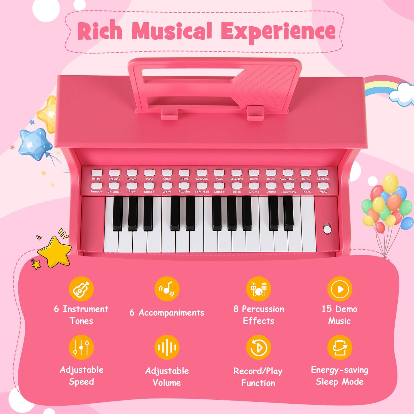 25 Keys Kids Piano Keyboard with Stool Mini Digital Piano Wooden Toy with Adjustable Speed and Volume