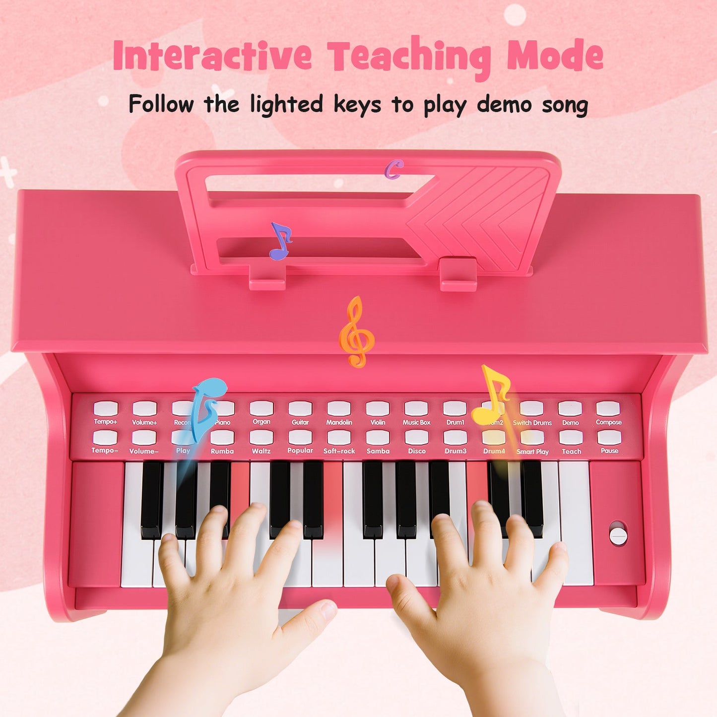 25 Keys Kids Piano Keyboard with Stool Mini Digital Piano Wooden Toy with Adjustable Speed and Volume
