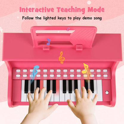25 Keys Kids Piano Keyboard with Stool Mini Digital Piano Wooden Toy with Adjustable Speed and Volume
