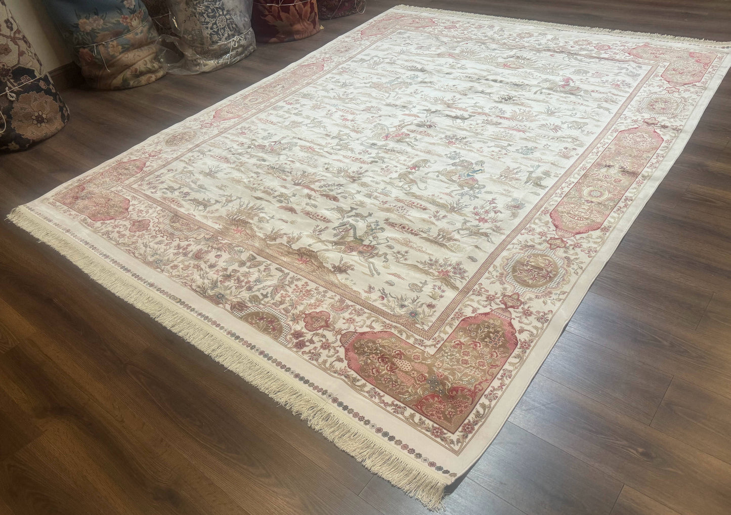 Large Turkish Silk Rug 8x10, Ivory, Hunting Design, Bamboo Silk, New