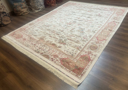 Large Turkish Silk Rug 8x10, Ivory, Hunting Design, Bamboo Silk, New