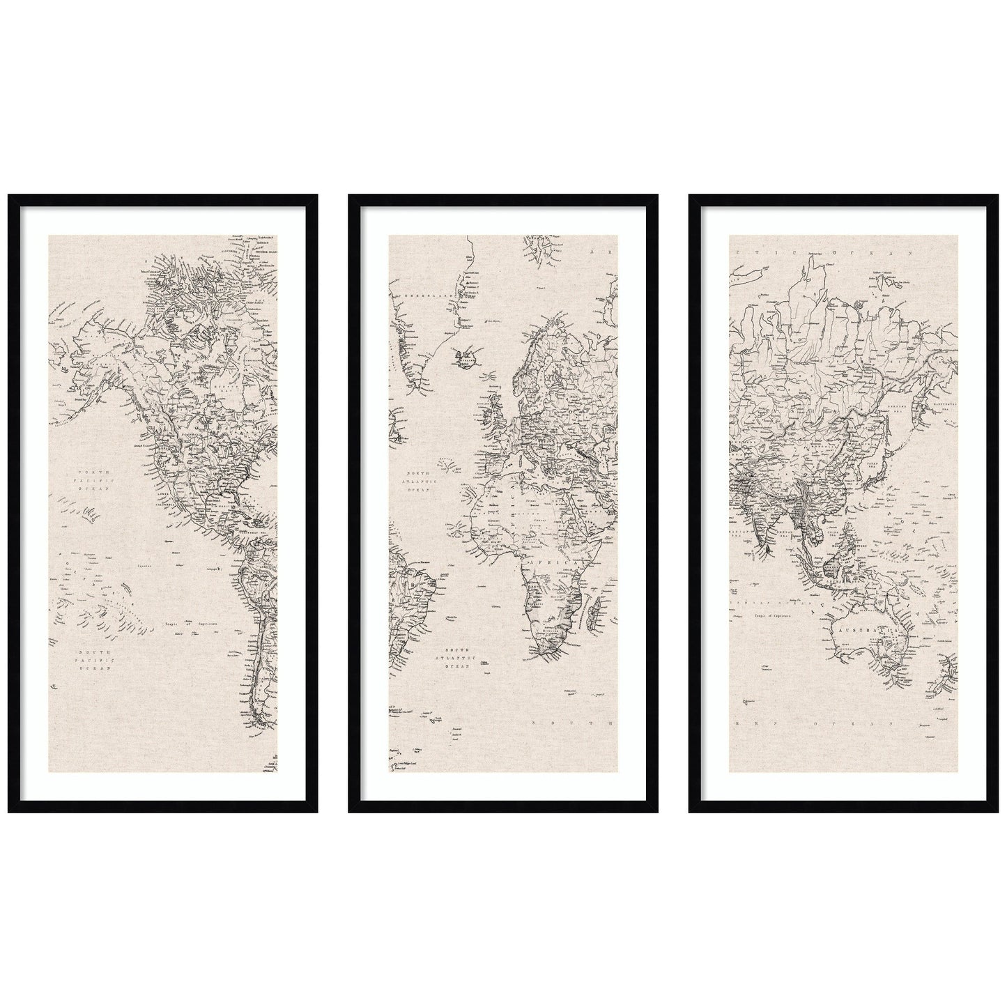 Vintage Black and White World Map Linen 3 Piece Framed Wall Art Print Set by The Creative Bunch Studio