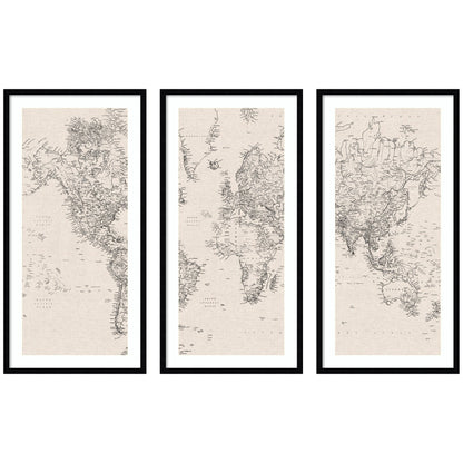 Vintage Black and White World Map Linen 3 Piece Framed Wall Art Print Set by The Creative Bunch Studio