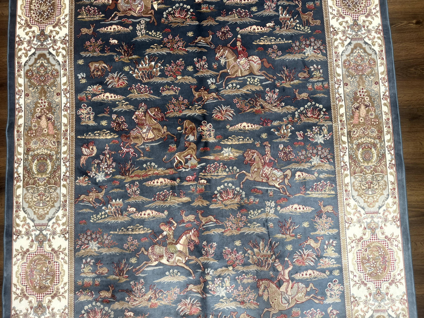 Turkish Silk Rug 5x8, Hunting Design, Animal Pictorials, Steel Blue & Ivory, Bamboo Silk