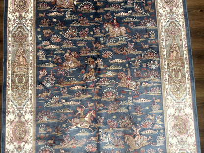 Turkish Silk Rug 5x8, Hunting Design, Animal Pictorials, Steel Blue & Ivory, Bamboo Silk
