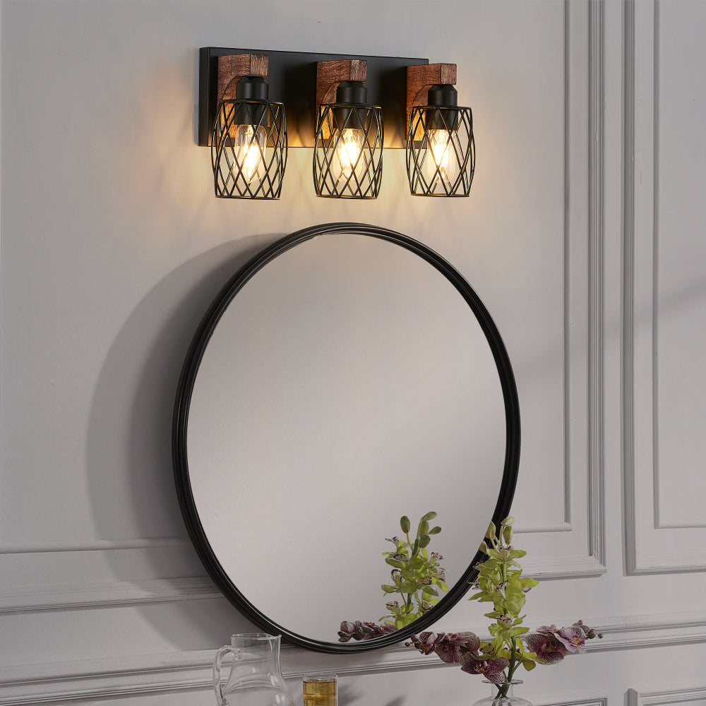 Industrial Black Cage Wall Sconce with Wood Accents | 3/4/5/6/7-Light Vintage Fixture for Bathroom, Hallway & Living Room