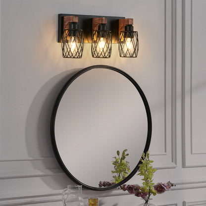 Industrial Black Cage Wall Sconce with Wood Accents | 3/4/5/6/7-Light Vintage Fixture for Bathroom, Hallway & Living Room