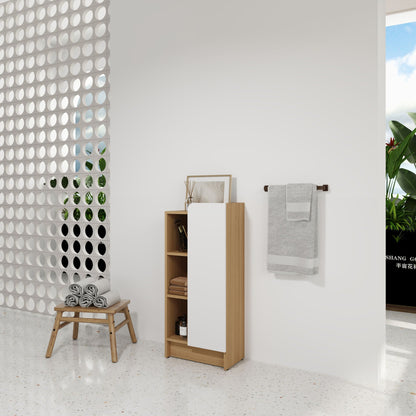 Freestanding Bathroom Side Cabinet, Narrow Storage Cabinet With Single Door & 3 Tier Open Shelves - Black / Light Oak / White
