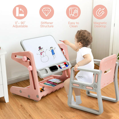 2 in 1 Kids Easel Table and Chair Set with Adjustable Art Painting Board