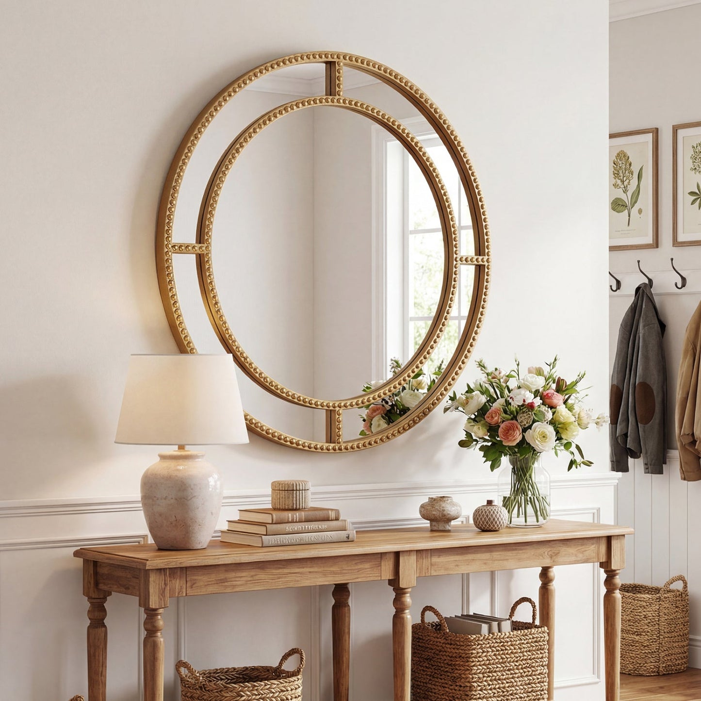 28 Inch Gold Round Wall Mirror with Beaded Frame for Living Room Entryway-Golden