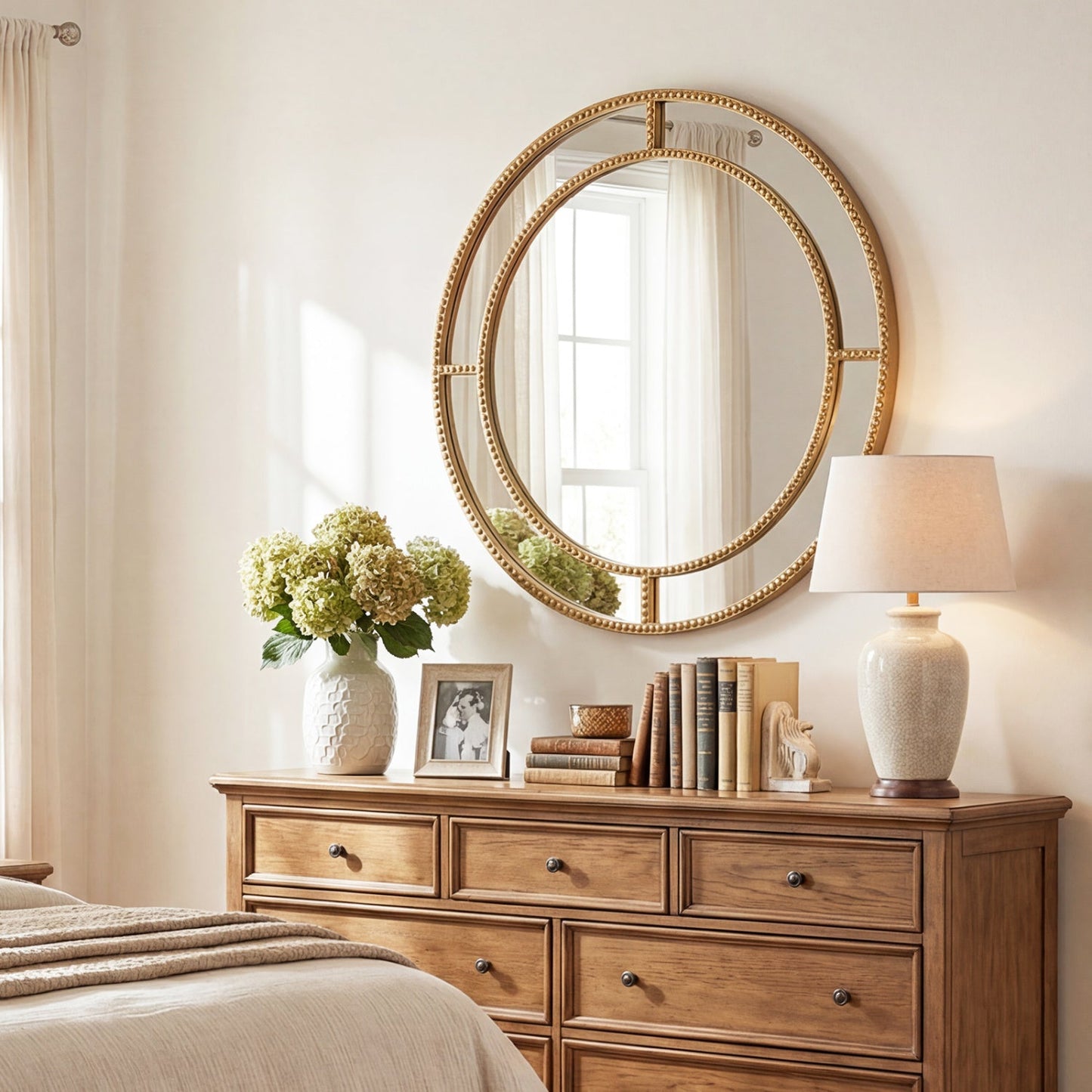 28 Inch Gold Round Wall Mirror with Beaded Frame for Living Room Entryway-Golden
