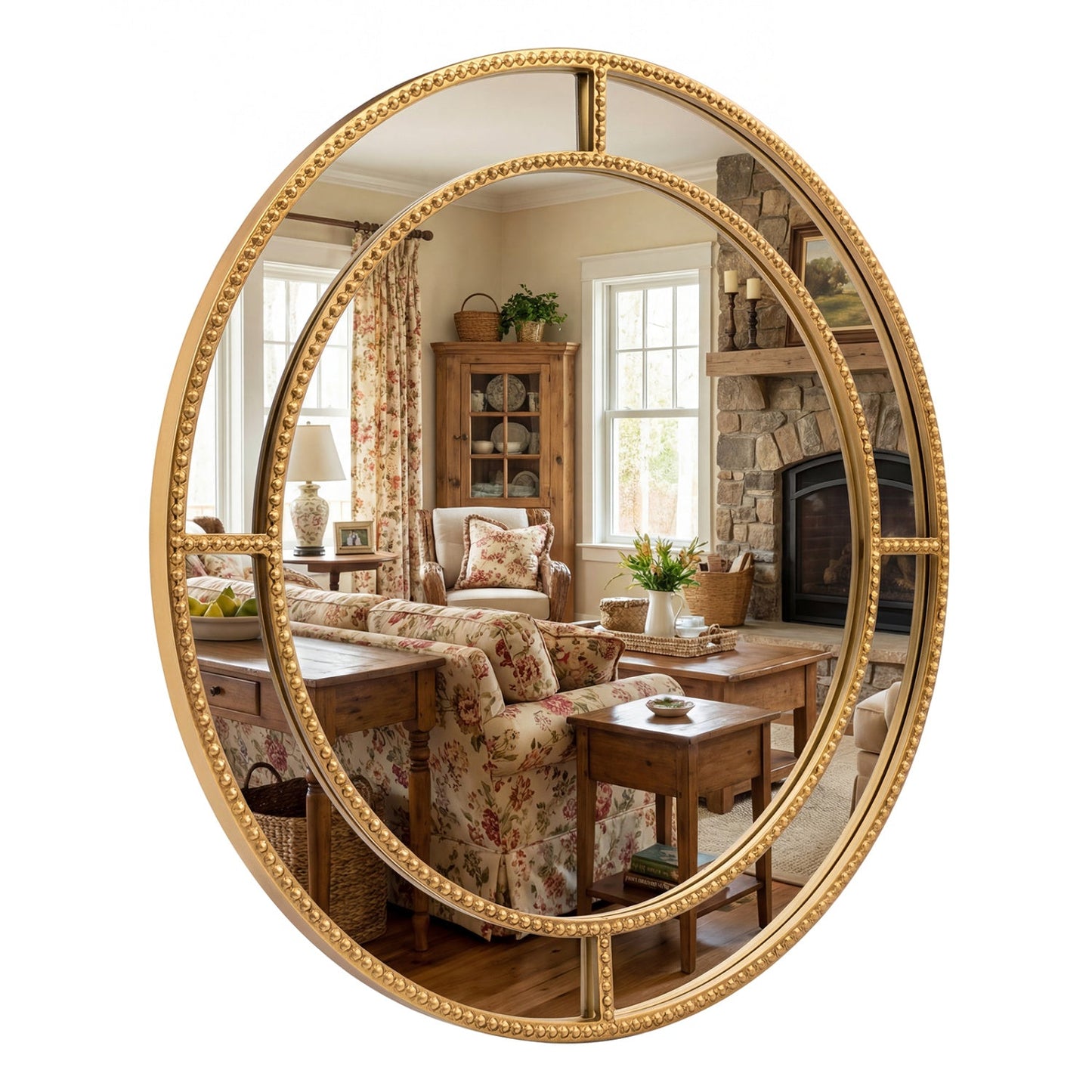 28 Inch Gold Round Wall Mirror with Beaded Frame for Living Room Entryway-Golden