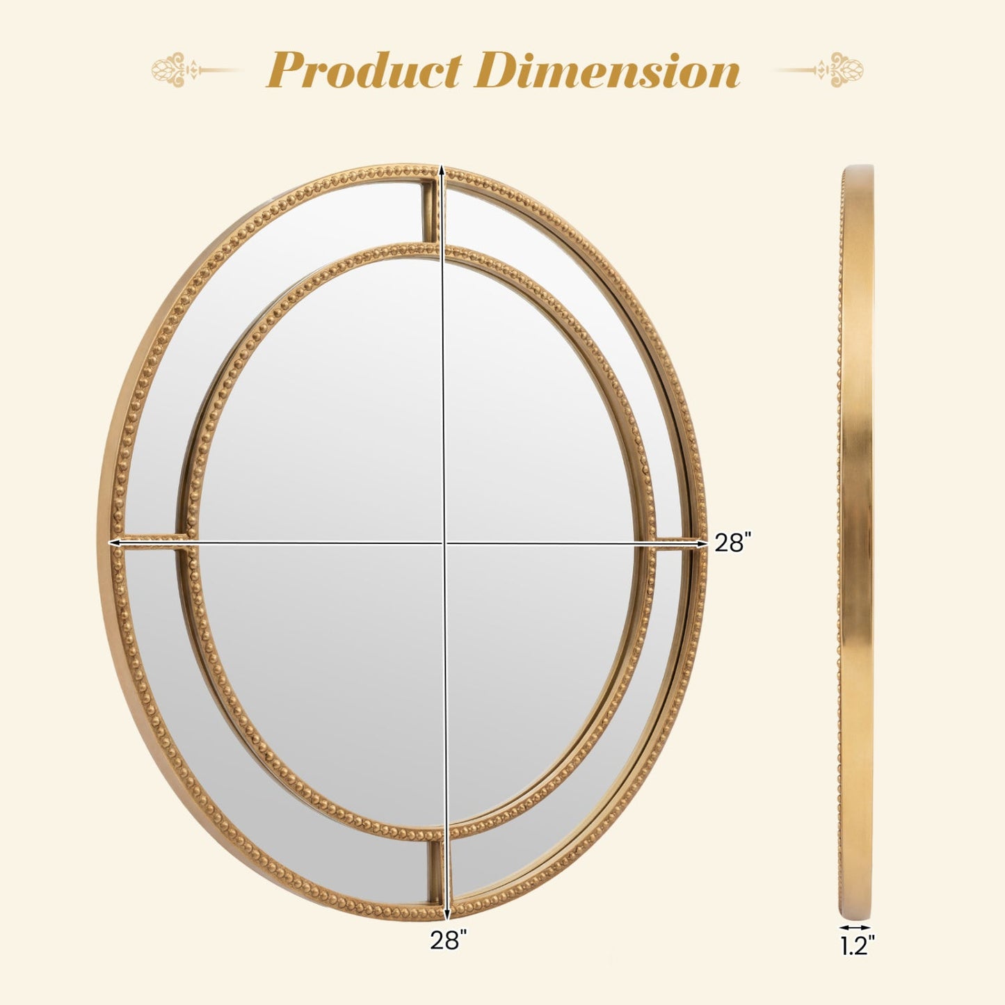 28 Inch Gold Round Wall Mirror with Beaded Frame for Living Room Entryway-Golden