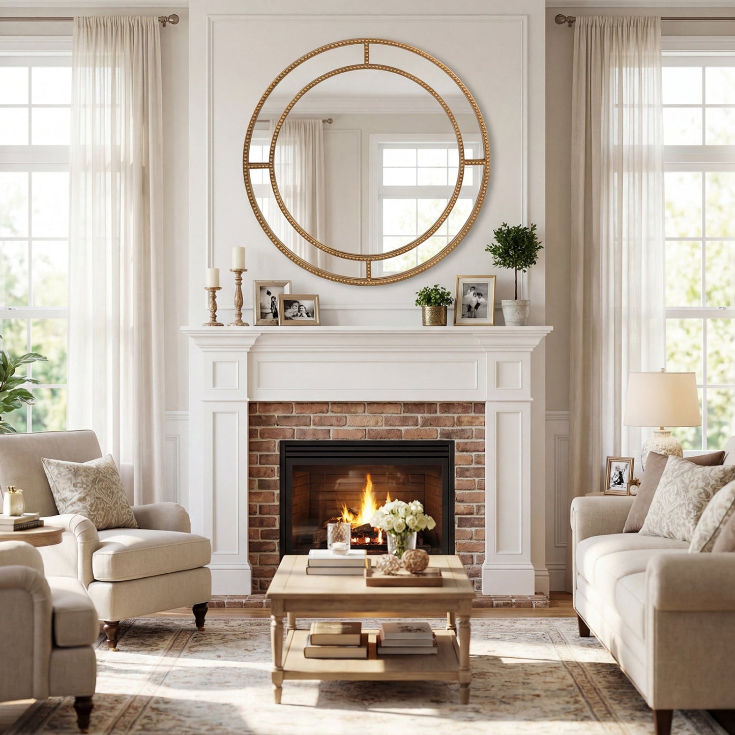 28 Inch Gold Round Wall Mirror with Beaded Frame for Living Room Entryway-Golden