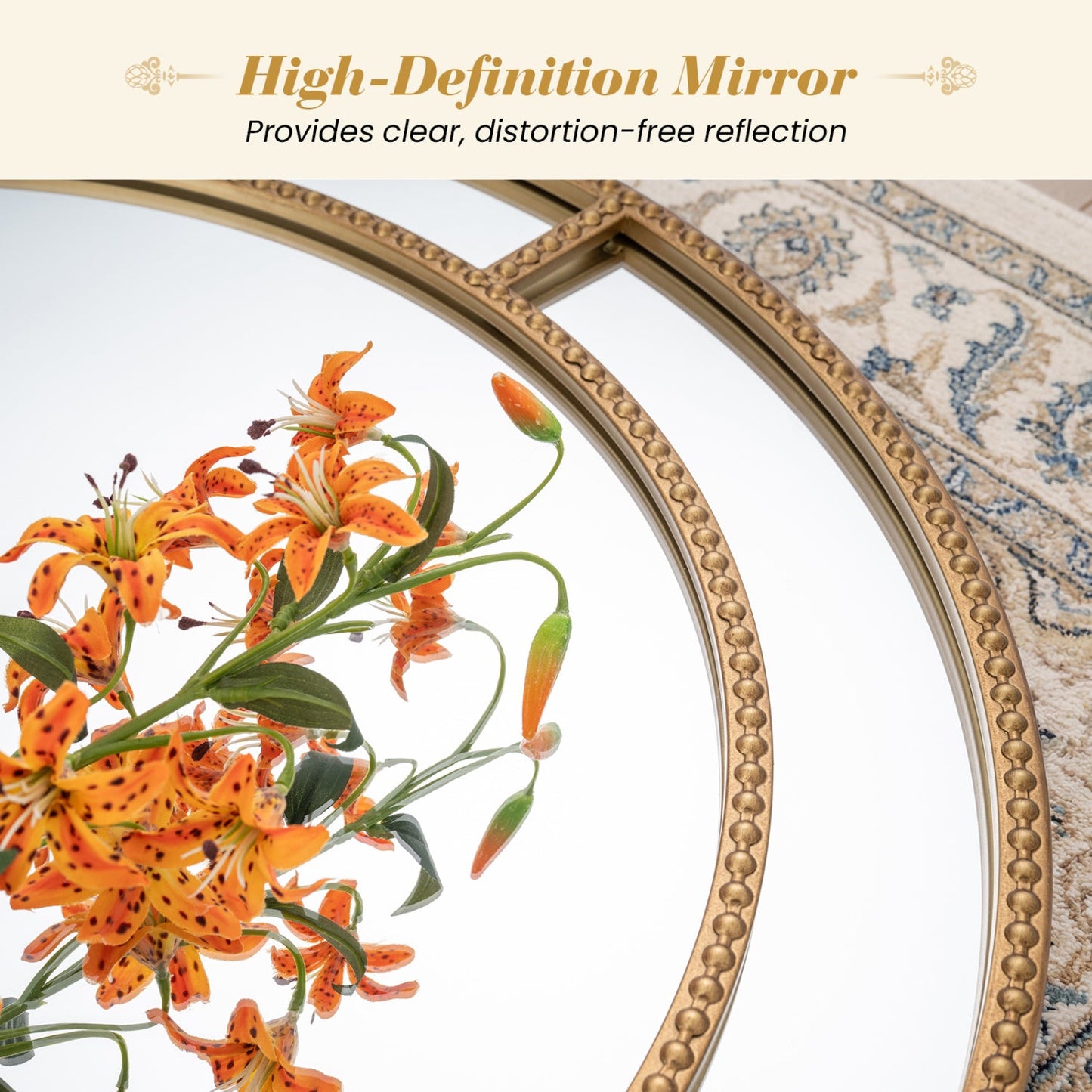 28 Inch Gold Round Wall Mirror with Beaded Frame for Living Room Entryway-Golden