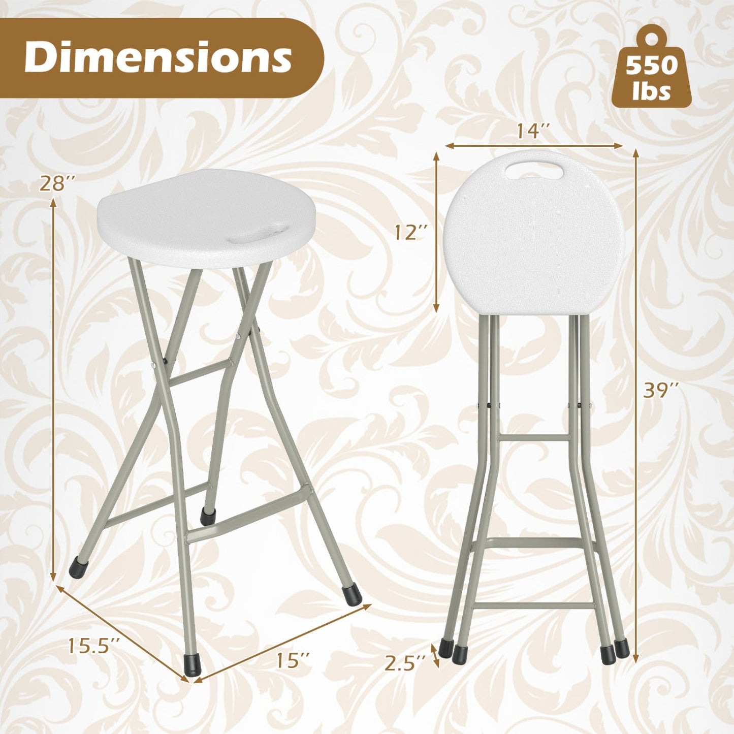 Folding Patio Dining Chairs 28" - Set of 2, 330 lbs Capacity