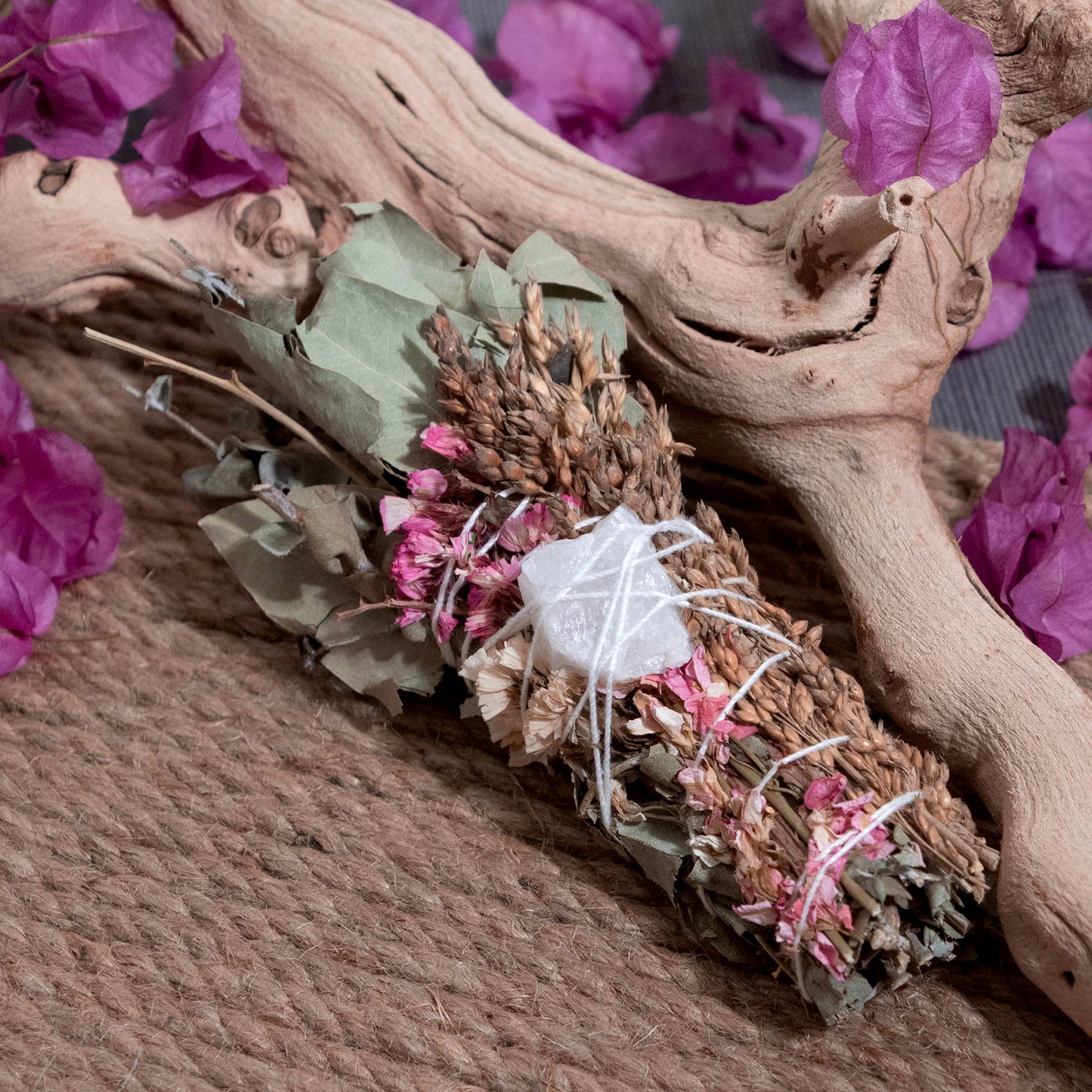 Floral Smudge Wand with Quartz Crystal Pink