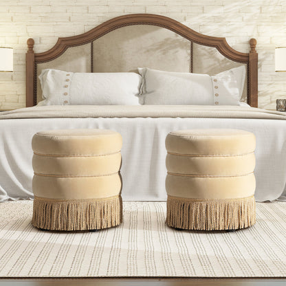 Edward 17.5" Round Upholstered Ottoman with Bullion Fringe Fawn