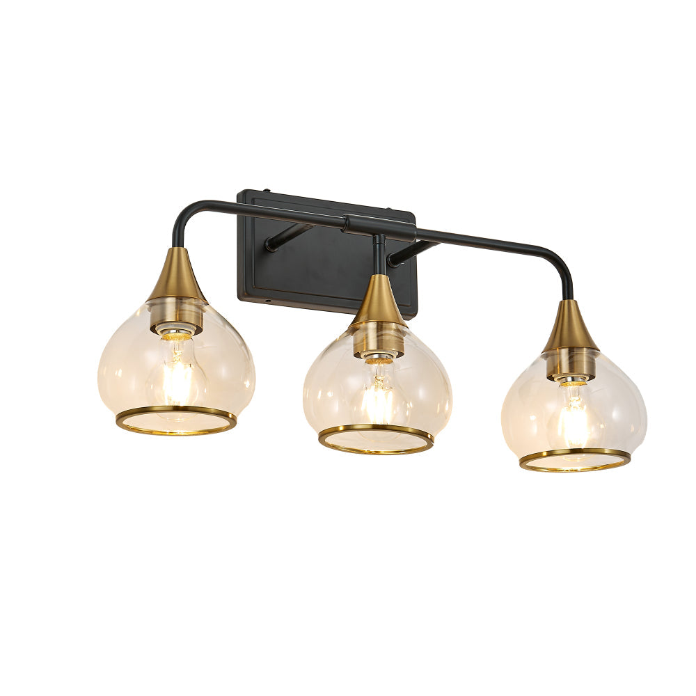 Black & Gold Vanity Wall Sconce | 3/4-Light Industrial Bathroom Fixture with Clear Glass Shades for Mirror & Living Spaces