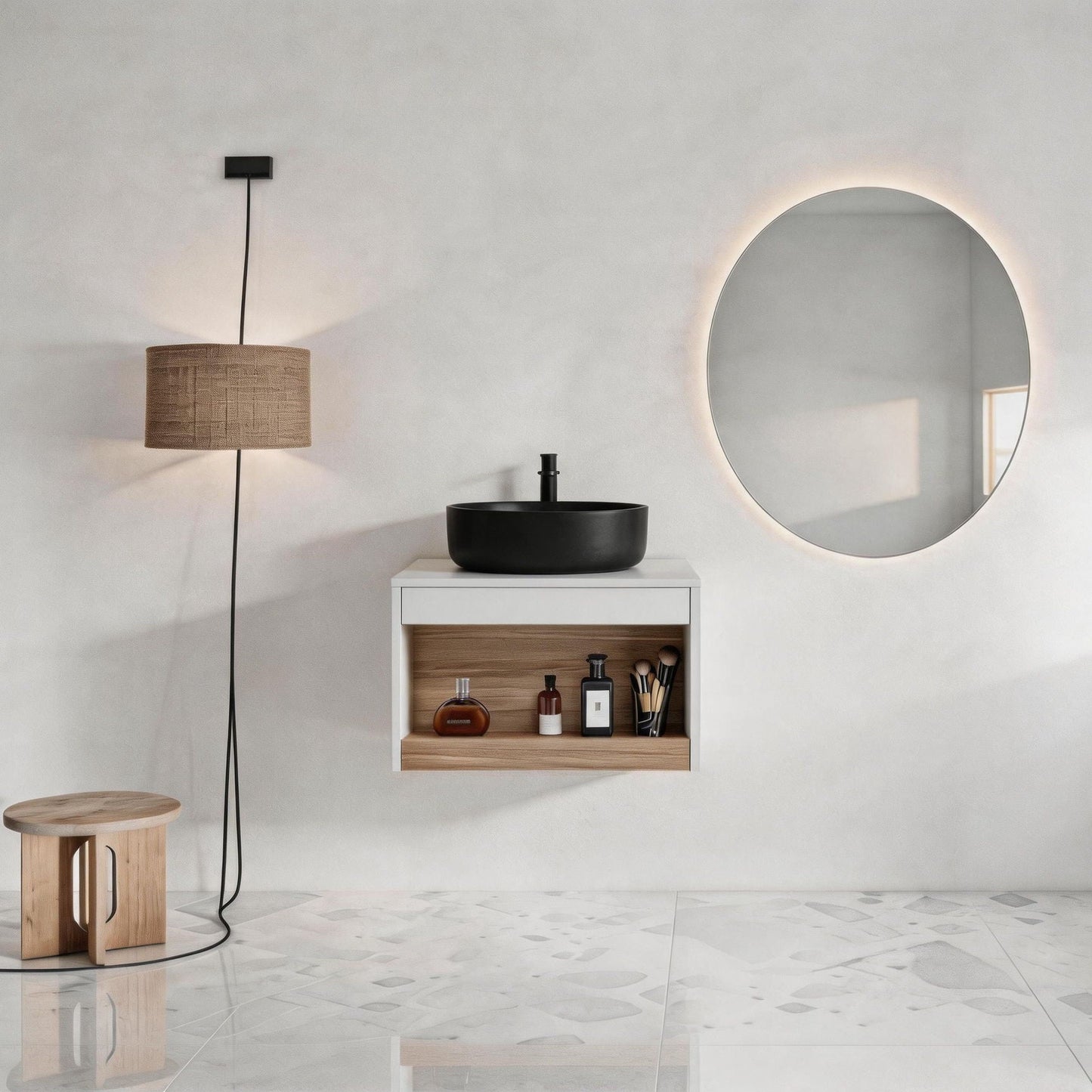 Floating Bathroom Vanity With Glossy Round Vessel Sink