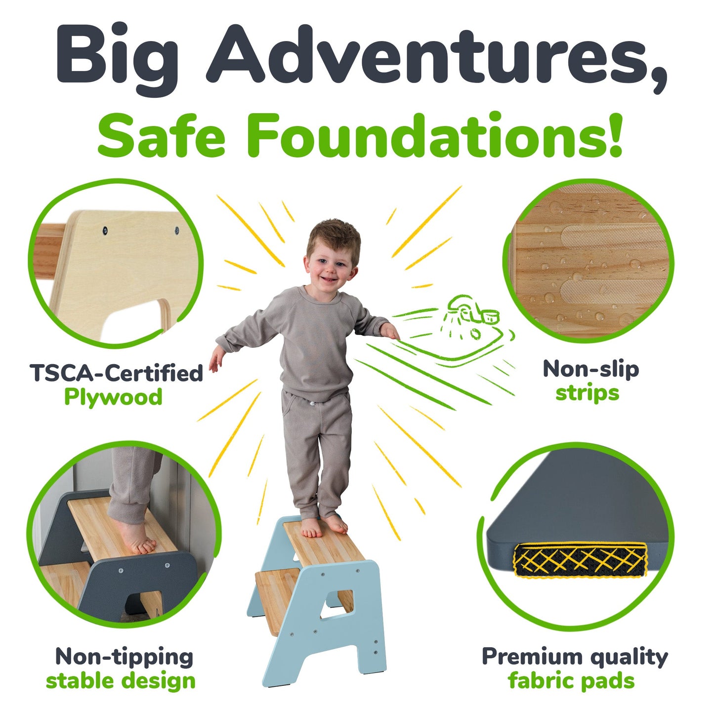 2-Step Wooden Stool for Toddlers(Step Stool for Children Ages 2+)